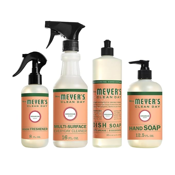 Mrs. MEYER'S Clean Day Geranium Scent Variety, 1 Room Freshener 8 OZ, 1 Liquid Dish Soap 16 OZ, 1 Liquid Hand Soap 12.5 OZ, 1 Multi-surface Cleaner 16 OZ, Geranium, 1 CT