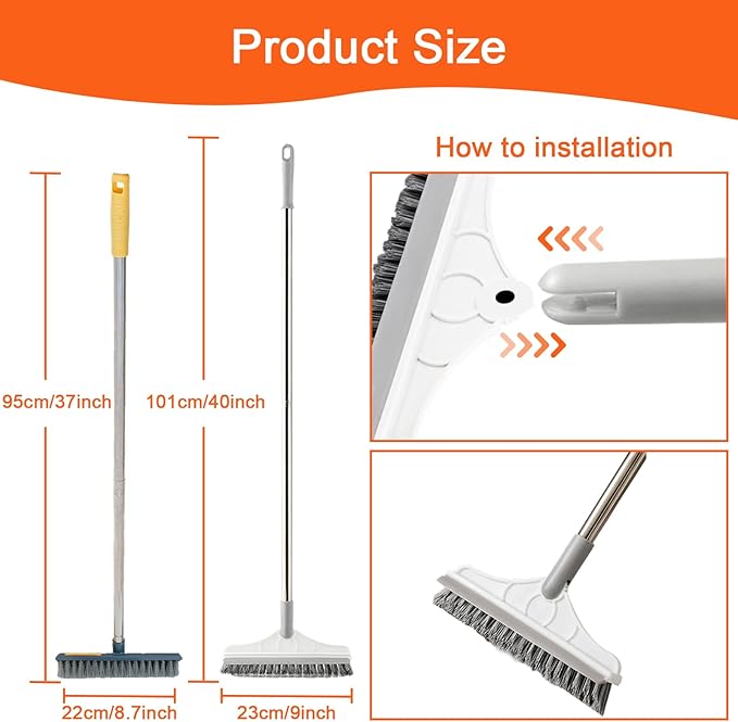 2 Pcs Grout Brush with Long Handle - Upgrade, 120°Rotation Tile Grout Cleaning Tool, V-Shape Shower Scrubber Cleaner Stiff Bristle for Cleaning Bathroom Wall, Baseboards, Tile Floors
