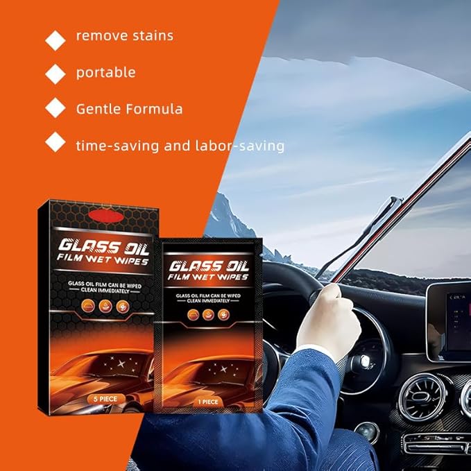 Glass Oil Film Wet Wipes(5PIECE /box)，Glass Oil Film Remover for Car, Easy and Convenient to Use, Can be Wiped Clean Immediately, Improve Car Windshields and Windows Clarity for Safe Driving (1Pcs)
