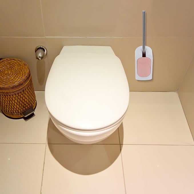 Wall-Mounted Long Handle Toilet Brush Set with Soft Bristles, Plastic Holder for Bathroom Deep Cleaning, Nordic Pink Bathroom Accessories