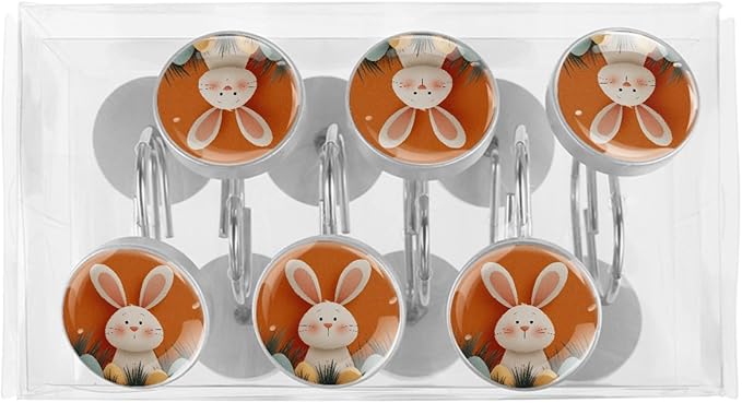 Easter Bunny Crystal Glass Shower Curtain Hooks for Bathroom Shower Rod, 12Pcs Round Home Decorative Shower Curtain Rings, Orange Bathroom Bedroom Living Room Accessories
