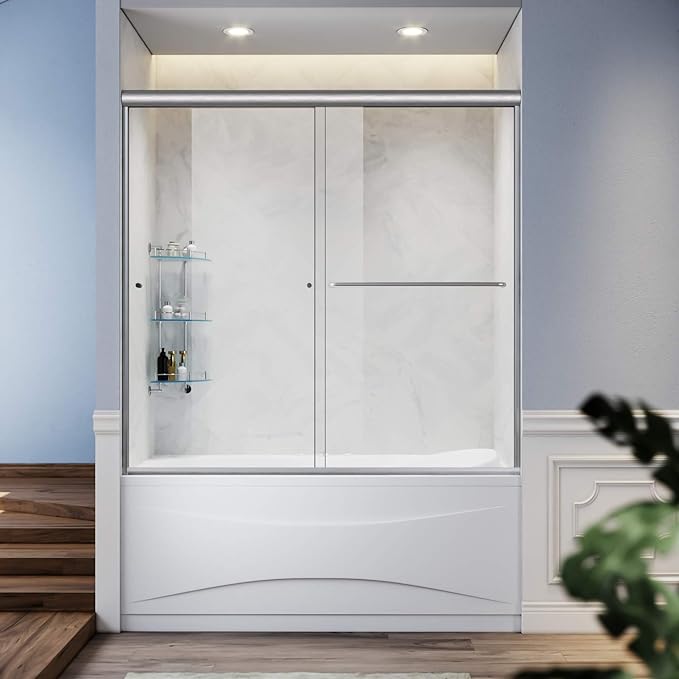 SUNNY SHOWER Glass Sliding Shower Door for Bathtub 60 W x 57.4 H inches Double Sliding Shower Bath-Tub Door 1/4 inches Clear Glass Shower Enclosure Doors for Bathroom with Brushed Nickel Finish