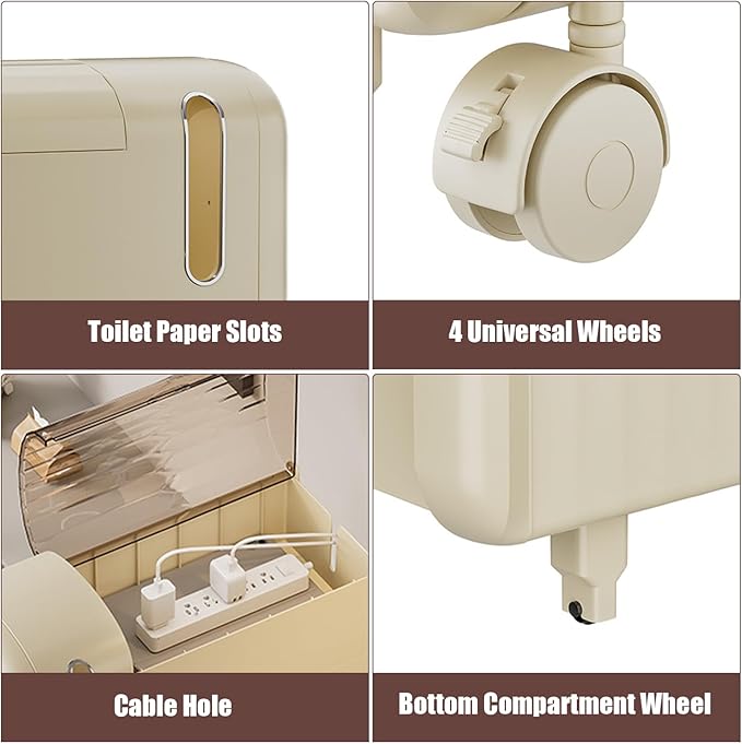 4 Tiers Narrow Slim Bathroom Floor Cabinet,Rolling Storage Cart with Toilet Paper Holder,Slim Bathroom Storage Cabinet for Small Space Kitchen Living Room