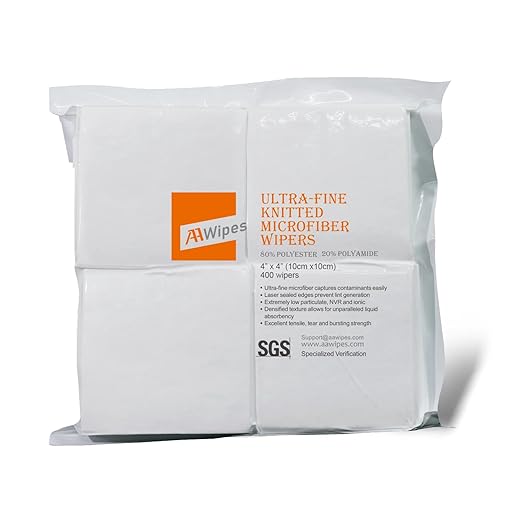 AAwipes Cleanroom Microfiber Wipes 4"x4" Knitted Superfine (400 Counts/Bag, 180gsm, Polyester-Polyamide, #MF18004) High-End Lint Free Cloths for Fiber Optics, Laser Sealed Edge, Class 100 Cloths