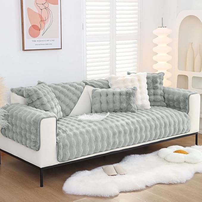 Soft Warm Faux Fur Couch Sofa Cover Thick Shaggy Fuzzy Sectional Couch Cover Non-Slip Solid Color Plush Sofa Slipcover Furniture Protector for Kids, Pets (Light Grey,43"x63")