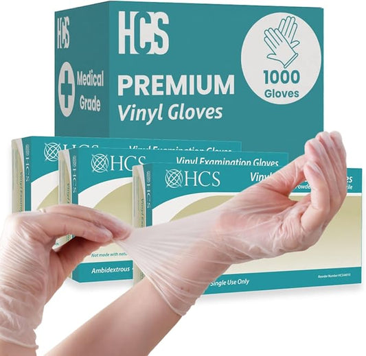 HCS Clear Vinyl Gloves - Disposable, Latex-Free, Powder-Free - Vinyl Disposable Gloves, Cooking, Food Prep, Cleaning, Exam