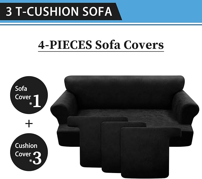 4-Pieces T Cushion Sofa Slipcovers - Leather Look Couch Cover for 3 Cushion Couch - Furniture Protector Stretch Sofa Cover With 3 Individual Seat Covers - Washable, Black