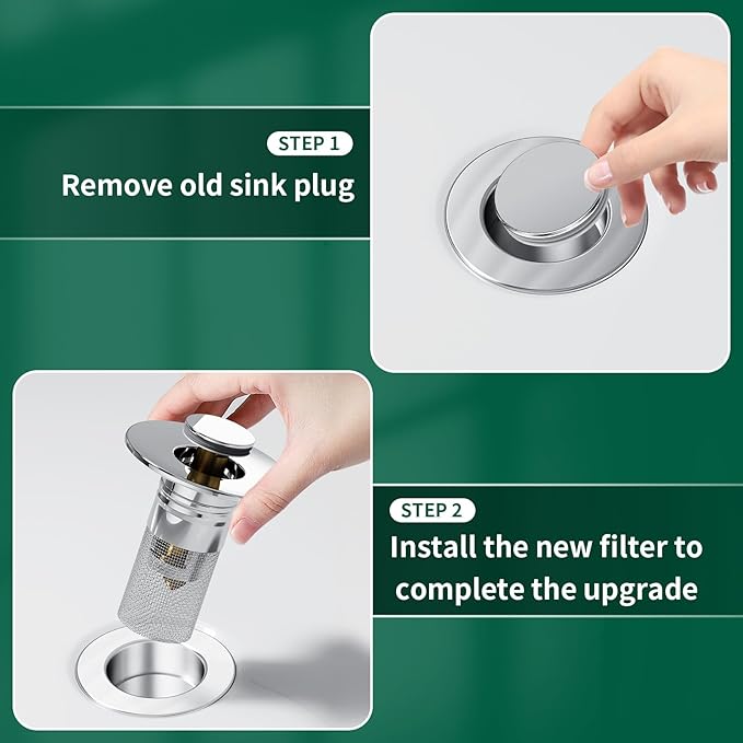 3 in 1 Sink Drain Strainer with Hair Catcher,4PCS Stainless Steel Popup Sink Stopper with Basket for Bathroom Kitchen Shower,Pop-up Bounce Core Floor Basin Drain Filter,Replacement Sink Plug