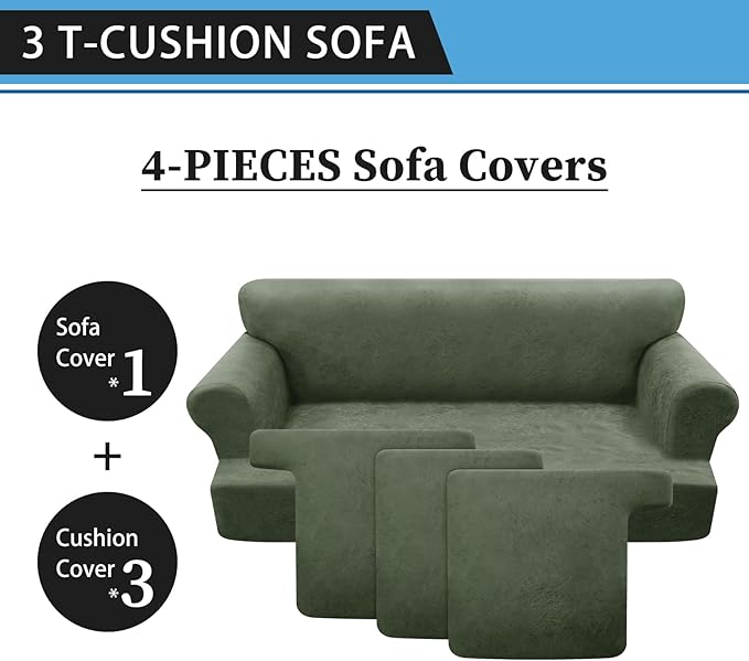 4-Piece T Cushion Sofa Slipcovers - Leather Look Couch Cover for 3 Cushion Couch - Army Green