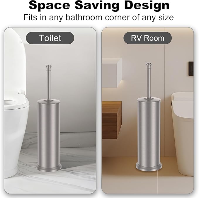 Stain Nickel Toilet Brush and Holder，Extra Long Handled Toilet Brush for Bathroom，Stainless Steel Heavy Duty Toilet Bowl Brush,Removable Inner Bowl,Deep Cleaning Dense Bristles Brush