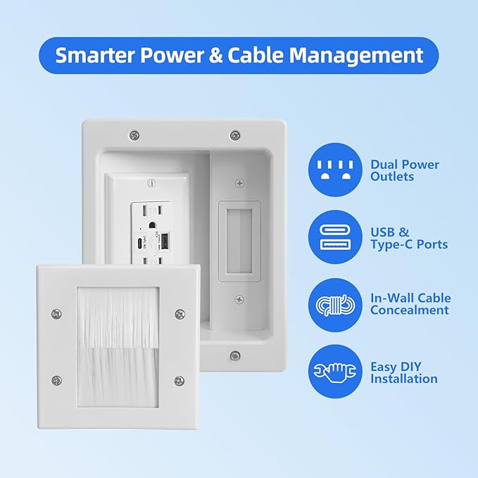 in-Wall TV Cable Management Kit with Power, Dual Outlets, USB-A & USB-C Ports, 9ft/109in Cord, Includes Wall Cutting Tools, Hide TV Wires for Clean Home Theater Setup