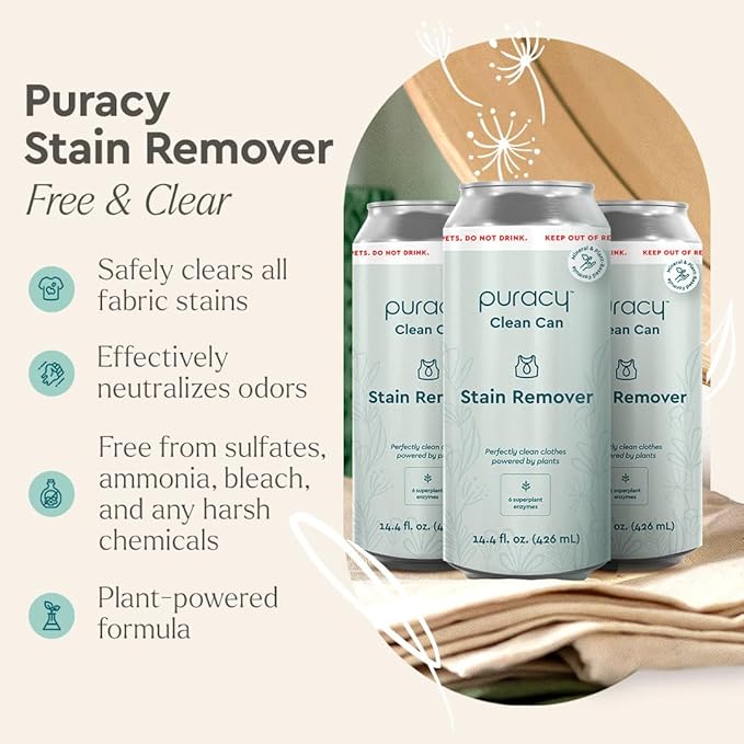 Puracy Laundry Stain Remover Clean Can Bundle - Starter Set and 3 Pack Refill, Fabric Stain Remover for Clothes Laundry, Active Enzyme Stain Treater - Free & Clear