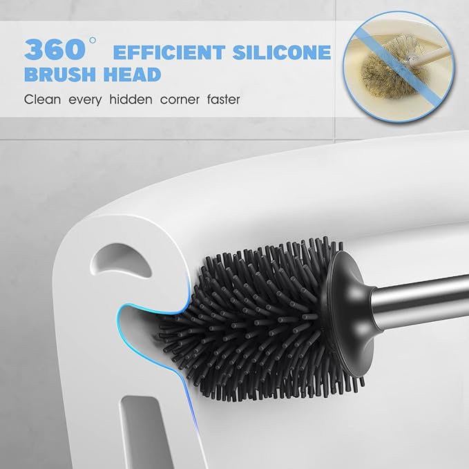 HAMITOR Toilet Bowl Brush Holder Set: Silicone Stainless Steel Deep Cleaning Toilet Cleaner Brush for Bathroom Restroom - Compact Modern Rv Toilet Scrubber Accessories with Caddy