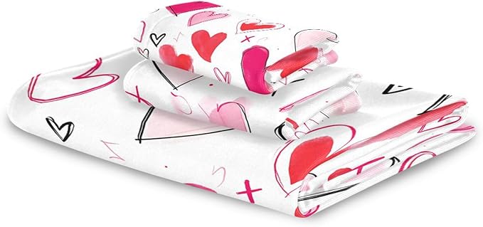 Pfrewn Doodle Romantic Pink Heart Towels Set of 3 Romantic Pink Red Love Spring Bathroom Towel Soft Absorbent Bath Hand Towels Washcloth Guest Towel Sets Mother's Valentine's Day Decorations