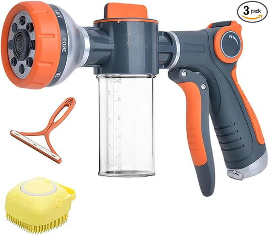Dog Washing Hose Attachment, 8-in-1 Sprayer Hose Nozzle with Soap Dispenser for Dog Showering, Watering Flowers, Car Washing (With Brush and Lint Remover)