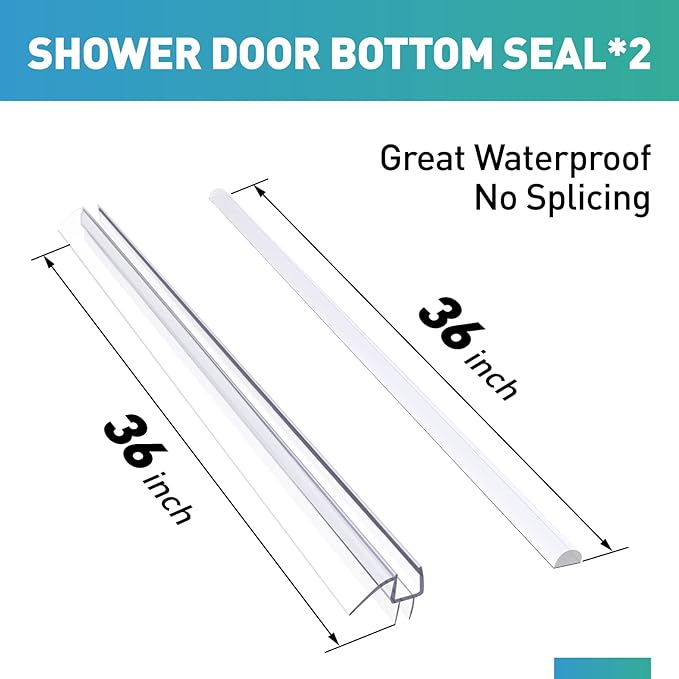 Shower Door Bottom Seal, 2 PCS 1/4" x 36" Shower Door Sweep for 1/4 Inch Glass, Frameless Glass Shower Door Seal Strip, Stop Shower Leaks and Create a Water Barrier