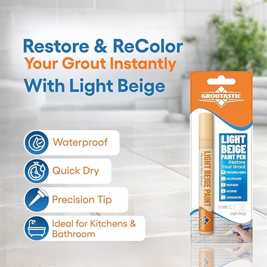 Light Beige Grout Paint Pen Restore and ReColor Your Grout Colors & Seals Fast Drying, Waterproof, Long Lasting for Bathroom, Showers & Kitchen Floors