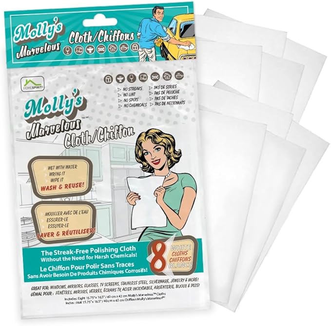 Molly's Marvelous Cloth, Streak-Free, Lint-Free Microfiber Cleaning Cloth, Polishing Cloth for Glass, Stainless Steel, Use for Kitchen, Bath, Cars, Detailing, Reusable (8pk, White)