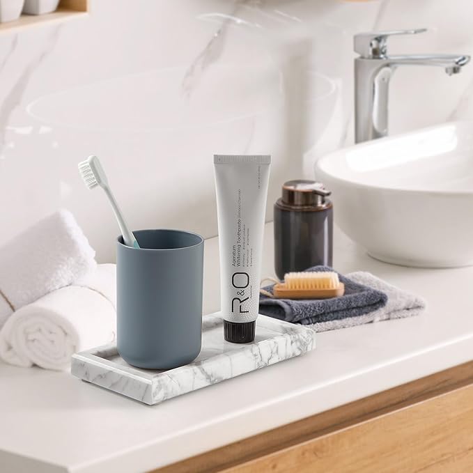 Natural Small Marble Vanity Tray, Luxury Stone Organizer for Bathroom & Kitchen | Holds Soap Dispenser, Jewelry, Perfume | Non-Resin, Non-Ceramic Décor (White, Mini (7.9" x 4.3" x 0.78"))