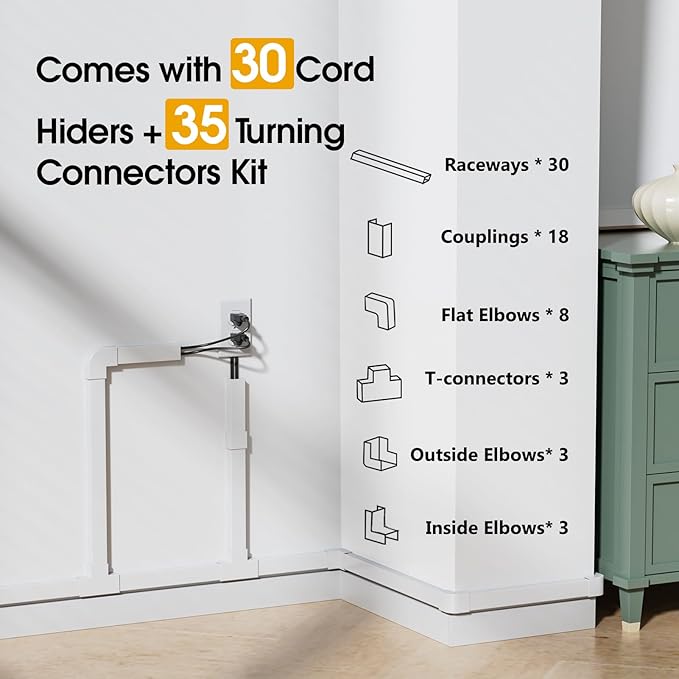 425in TV Cord Hider Wall, Cord Covers for 2-3 Wires on Wall, Easier Set-up Cable Hider Wire Covers for Cords on Wall, Paintable Cable Cover Management to Hide TV Wires, W0.95 H0.55in, White