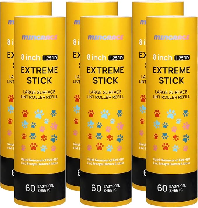 50% Stickier Large Surface Roller Refill for Scotch-Brite Large Lint Roller 8 inch Extra Sticky 60 Sheets per Refill, Pack of 6, 360 Sheets Total, Works Great On Pet Hair
