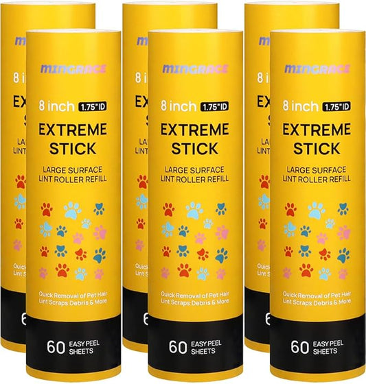 50% Stickier Large Surface Roller Refill for Scotch-Brite Large Lint Roller 8 inch Extra Sticky 60 Sheets per Refill, Pack of 6, 360 Sheets Total, Works Great On Pet Hair