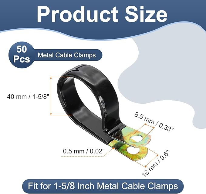 PATIKIL 1-5/8 Inch Vinyl Coated Cable Clamps, 50 Pack Galvanized Steel Metal Cable Clips Rubber Cushion Insulated Pipe Clamps for Tube Lines Cord Wire Management, Black
