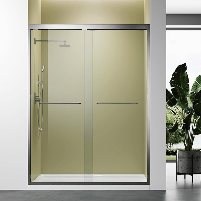 Brushed Nickel Glass Shower Door,50"-54" W x 72" H with 1/4" Tempered Glass Shower Door,Waterproof Design Double Sliding Stainless Steel Handles Hardware Bypass Shower Enclosure
