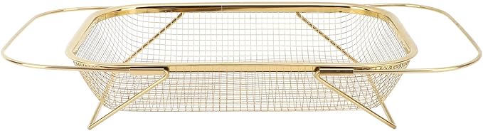 JTLB Over The Sink Colander Strainer Basket Stainless Steel for Kitchen Sink with Handles Fine Mesh Expandable Kitchen Essentials Rectangle (Gold)