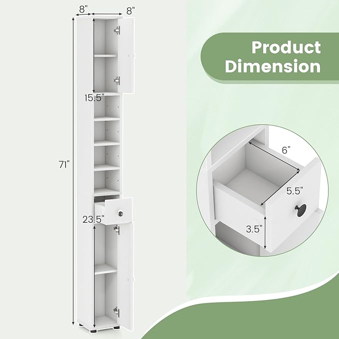 71" Tall Narrow Bathroom Storage Cabinet, Modern Skinny Toilet Paper Storage Organizer w/1 Drawer, 2 Doors & 5 Adjustable Shelves, Slim Tower Floor Cabinets for Small Spaces