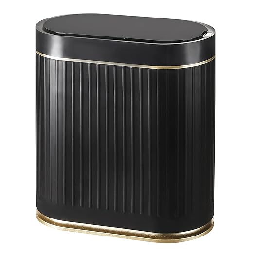 ELPHECO Bathroom Trash Can with Lid 2 Gallon Motion Sensor Garbage Can 7.5 Liter Small Trash can Touchless Bathroom Decor Waterproof Smart Waste Bin with Stripes for Bedroom, Office (Black-Golden)