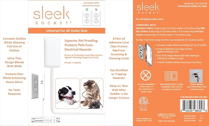 Sleek Socket Original & Patented Pet Proofing Outlet & Plug Concealer with Protective Cord Clips, 8-Foot Flat Extension Cord with Multiple Outlets, Safeguard from Chewing Dangerous Cords