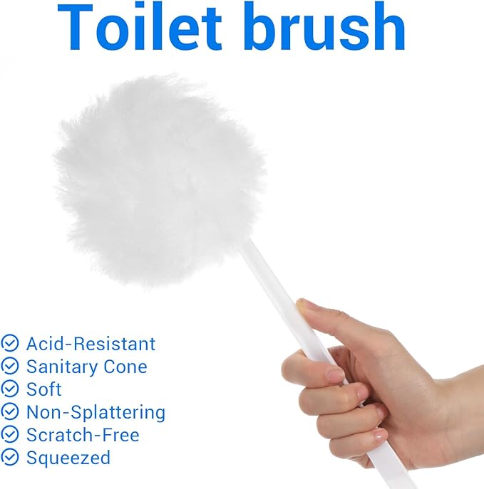 12 Pack Toilet Bowl Brushes Disposable, White Soft Toilet Bowl Brushes with Long Plastic Handle, Silk Cotton Brush for Bathroom, Toilet Bowl, Washbasin, Bathtub & Tiles, 11 x 4.3 Inch