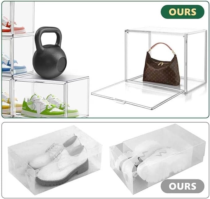 12 Pack X-Large Acrylic Purse Storage Display Case 14.1x8.9x10.6'',Size 15 Clear Shoe Box,Stackable Sneaker Case with Magnetic Lid, Multipurpose Closet Storage Bin for Handbag,Cosmetics,Collectibles
