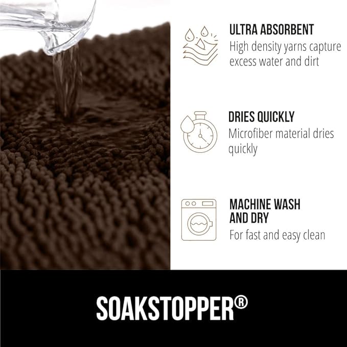 GORILLA GRIP SoakSTOPPER Dog Door Mat, Machine Washable Rug Absorbent Doormat Captures Moisture Mud Dirt, Quick Dry Soft Chenille Entryway Rugs Indoor Entrance Mats for Dog Paws, 24x17 Brown
