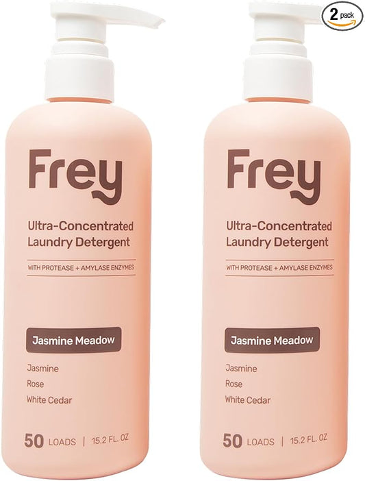 FREY Concentrated Liquid Laundry Detergent | Formulated for Sensitive Skin & HE Washers | Removes Stains Effectively | 50 Loads per Bottle (2-pack Jasmine Meadow)