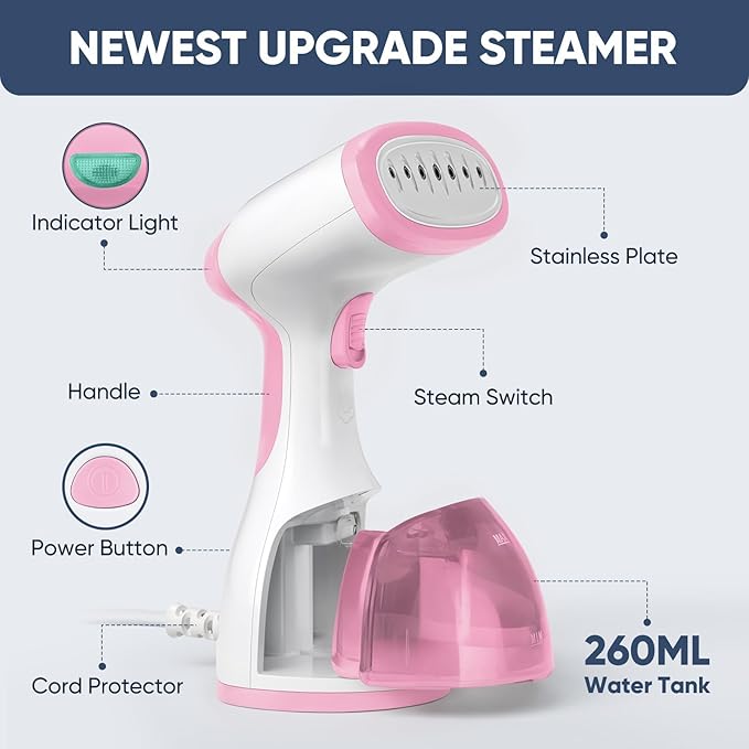 Steamer for Clothes, Kolohoso 1500W Fast Heat Up Handheld Garment Steamer, Portable Travel Clothing Fabric Steamer with Upgraded Nozzle and 260ml Water Tank (LightPink)