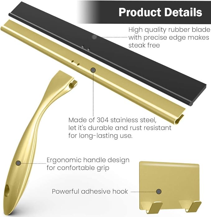 OPERNEE Shower Squeegee with Self Adhesive Hook, 12 Inches Stainless Steel Squeegee Cleaner, All-Purpose Window Scraper for Bathroom Doors, Mirror, Windows and Car Glass, Brushed Gold