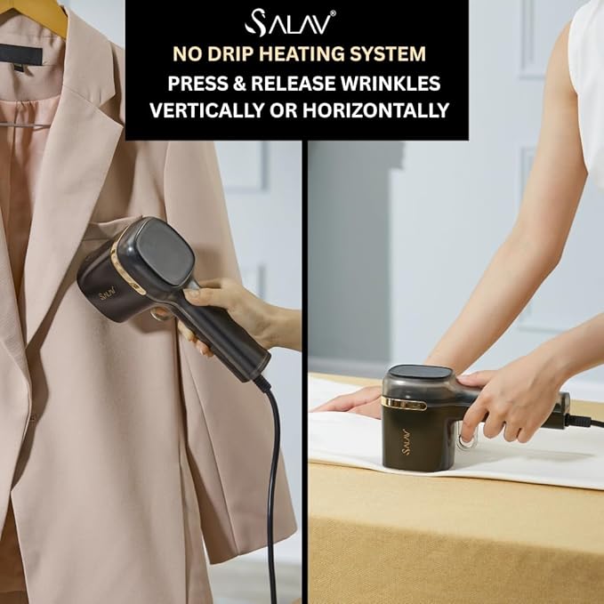 SALAV® Quicksteam Portable Travel Hand Held Garment Steamer for Clothes, 10 seconds Fast Heating Time, Removes Wrinkles on Clothes and Fabrics, No Drip Steam, Stainless Steel Plate