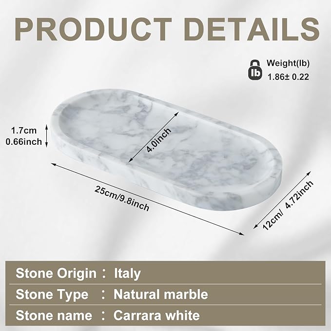 Natural Marble Vanity Tray, Marble Tray for Bathroom countertop,Stone Tray for Storing Perfume, Cosmetics and Jewelry 10 * 5inch （White）