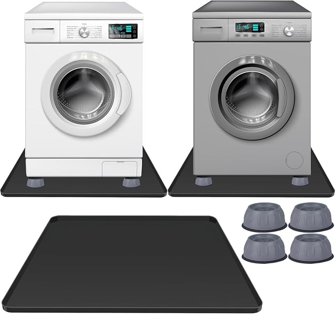 Large Washing Machine Drain Pan 33"x30" with 4 Anti-Vibration Foot Pads – Washer Tray,Non-Slip, Waterproof, Laundry Appliance Floor protection Set –Noise Reduction Leak Prevention -Soft Silicone Mat