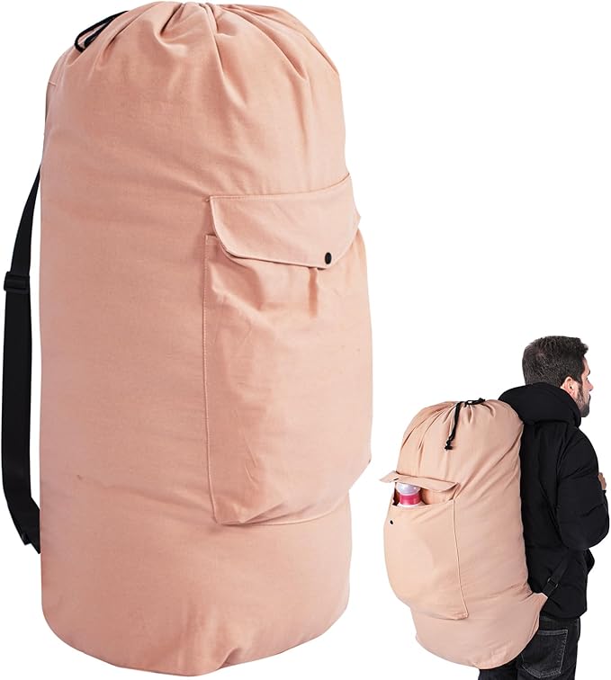 Sanlykate Canvas Backpack Laundry Bag - Extra Large Durable Dirty Clothes 2-3 Days Capacity with Adjustable Shoulder Strap & Front Pocket, for College Dorm, Apartment, Laundromats, Camping Travel