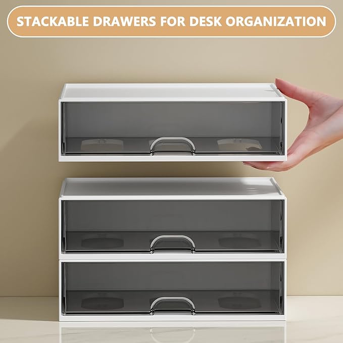 Desk Organizer Drawer, Clear Plastic Desk Storage Box, Desktop Organization for Office Supplies, Gel Pens, Pencils, Markers, Tape, Erasers, Paperclips, Chargers (White)