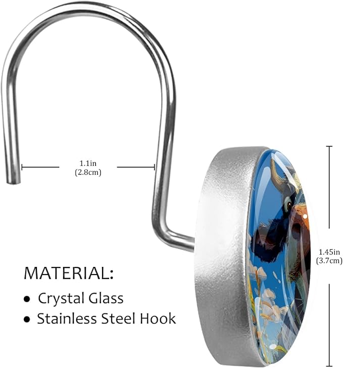 12 Packs Funny Cow Pattern Shower Curtain Hooks, Stainless Steel Glass Shower Curtain Rings for Bathroom Decor, Metal Rustproof Curtain Rod Hooks