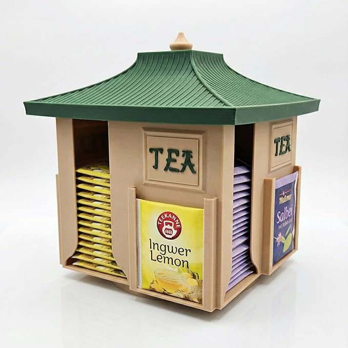 Rotating Japanese Tea Bag Organizer Dispenser - Pagoda Design, 360° Lazy Susan Base, Beige Body with Jungle Green Roof, Zen Matcha/Sencha/Tea Bag Storage Carousel for Kitchen Counter