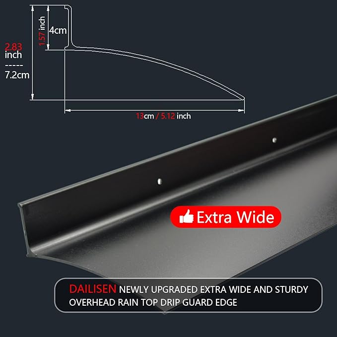 Heavy-Duty 5.12" W 43.3" L Door Rain Drip Guard Overhead,Aluminum Drip Cap for Exterior Doors Window Top,Rain Drip Edge Flashing,Water Deflector,Rain Diverter,Anodized Black 1PCS