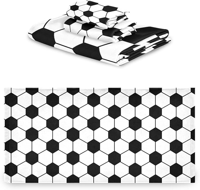 3 Piece Black and White Soccer Bath Towel Set,Microfiber Decorative Soccer Ball Sport Theme Football Print Bathroom Towels,1 Bath Towel 1 Hand Towel for Bathroom Kitchen,1 Washcloth for Face
