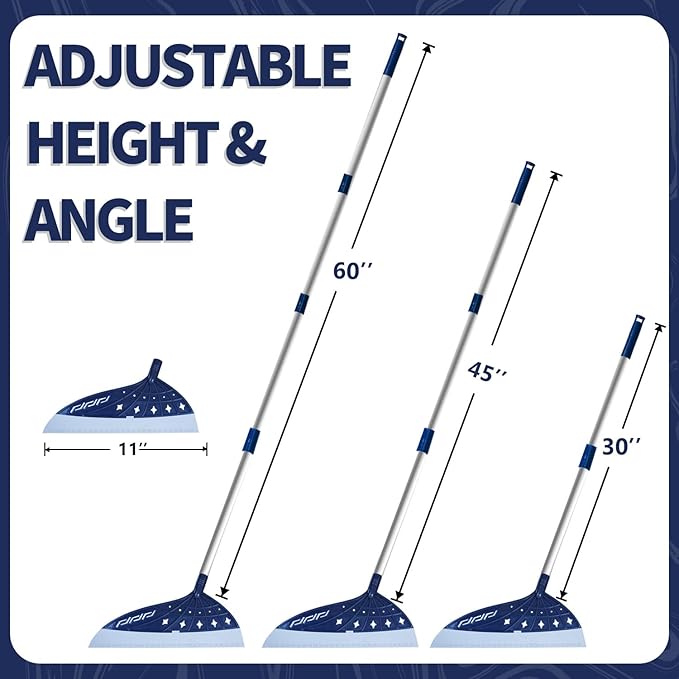 Air Broom for Household Cleaning, Silicone Broom Adjustable Handle, Sweep and Scrape 2-in-1 Squeegee Broom for Wet&Dry Messes, Hair, Liquids, Glass on Smooth Floor, Includes 2 Broom Heads (Blue)