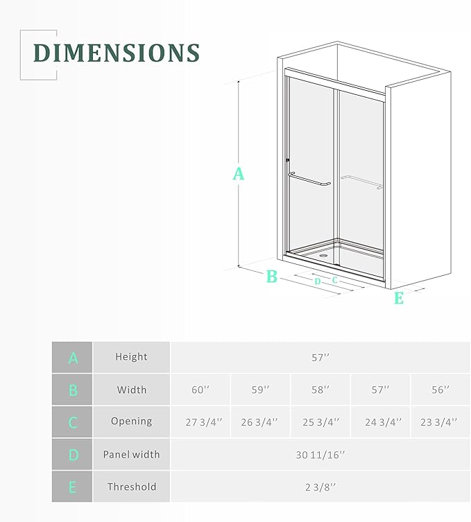 Chrome 56"-60" x 57" Adjustable SGCC/ANSI Certified Tempered Glass Shower Door for Bathtub,Leak-Proof Sliding Reversible Design Tub Door for DIY-Friendly Remodel with Stainless Steel Handles