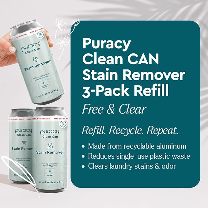 Puracy Laundry Stain Remover Clean Can Bundle - Starter Set and 3 Pack Refill, Fabric Stain Remover for Clothes Laundry, Active Enzyme Stain Treater - Free & Clear